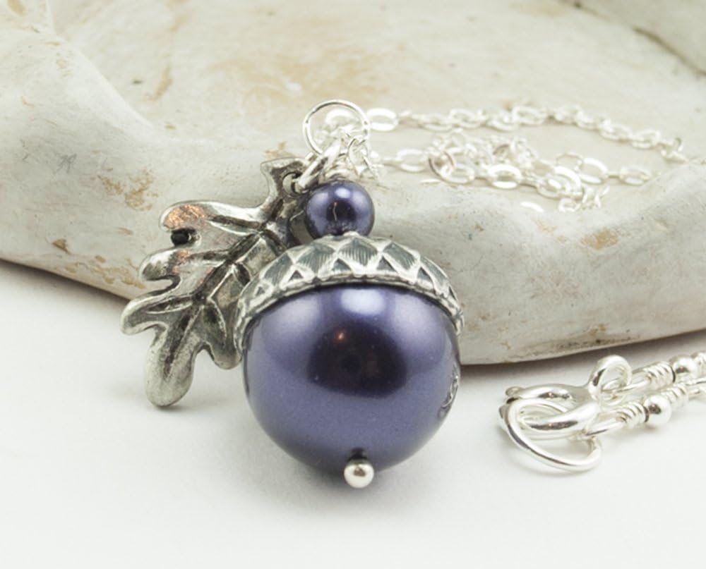 Acorn Necklace with Oak Leaf and Dark Purple Crystal Simulated Pearls, 16 inches - Image 4