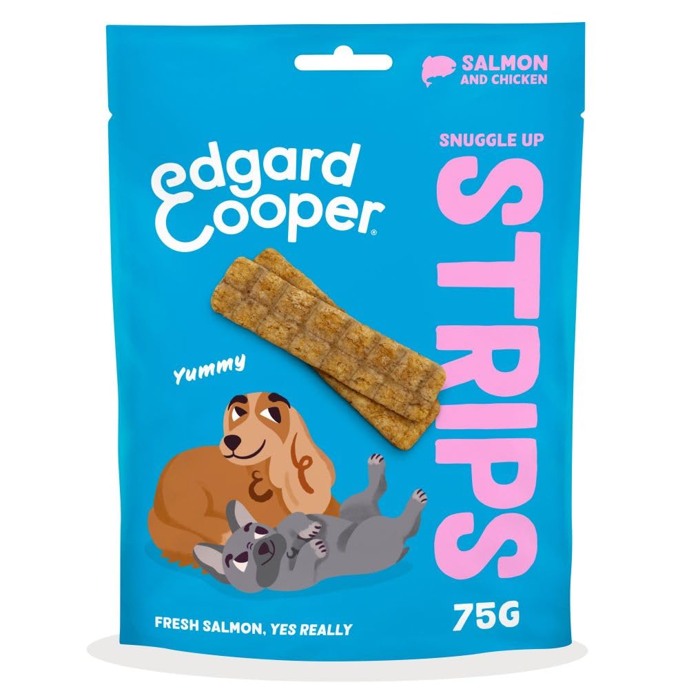 Edgard Cooper Natural Dog Treats, Salmon Snuggle Up Strips, 1 x 75g bag, Grain Free, High in Protein fresh meat, full of essential amino acids for healthy insides