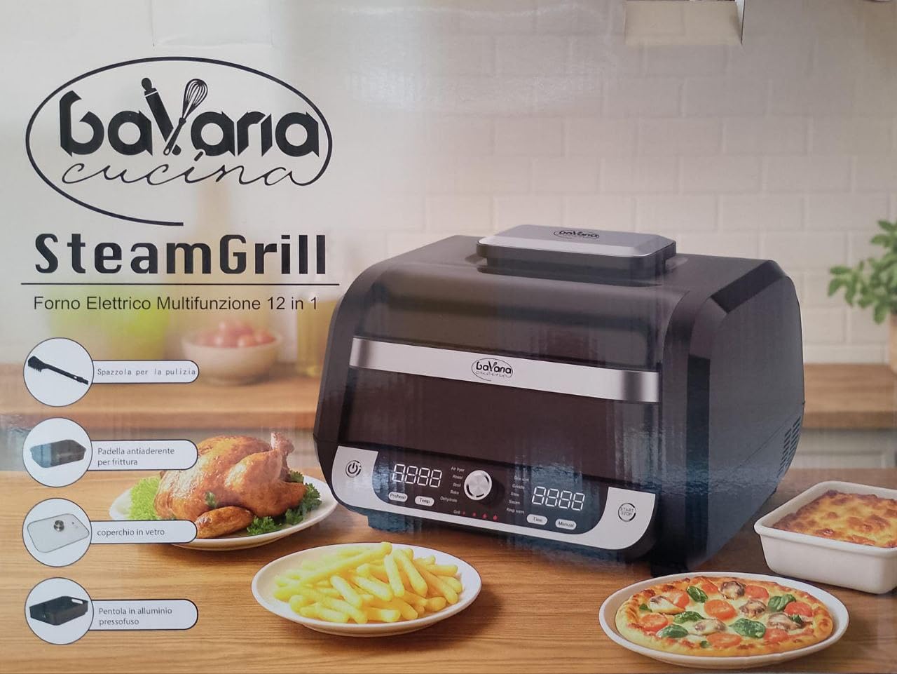 Forno Multifunzione SteamGrill 12 in 1 con Controllo Touch | Grill, Vapore, Air Fryer, Slow Cook | Potente, Versatile e Salvaspazio – Accessori Inclusi