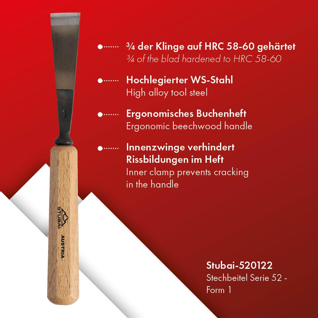 STUBAI-gerades Balleisen 22 mm | Serie 52 | Stich 1 | beidseitiger Schliff | Für glatte Flächen, zum Vorstechen, Kerb- und Reliefschnitzarbeiten.