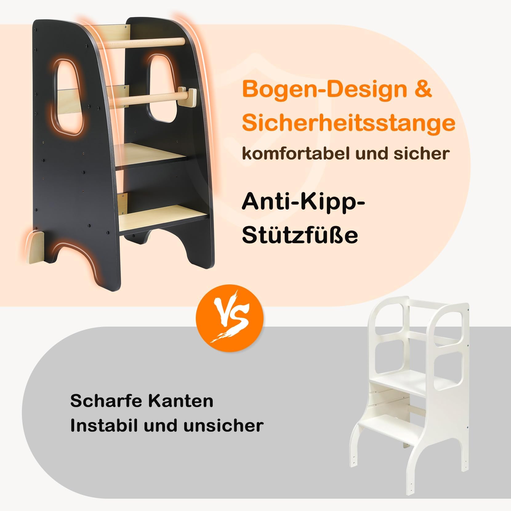 Lernturm ab 1 Jahr, 3 Stufen Höhenverstellbarer Lernturm, Sicher & Stabil, Montessori Küchenhelfer und Learning Tower, Stylisch Kippschutz Höchste Sicherheit (Schwarz)
