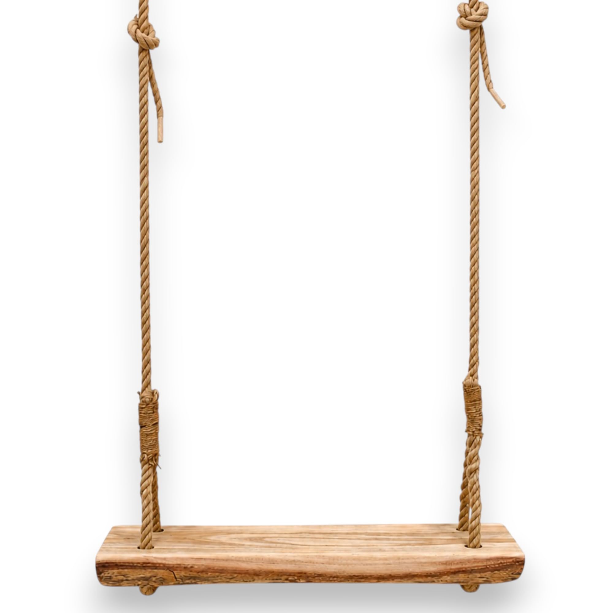 KORAT Altalena da Giardino in Legno con Corde in Juta Naturale – Altalena Sospesa per Bambini e Adulti – Seduta in Legno Massello 59x16 cm – Corde Regolabili fino a 250 cm – Portata Massima 150 kg