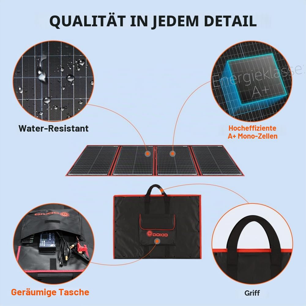 DOKIO Solarpanel Faltbar 200W 18V Kit Monokristalline mit Solar Ladegerät LCD Anzeige 2 USB Ausgang Kabel für 12V Kfz Batterie