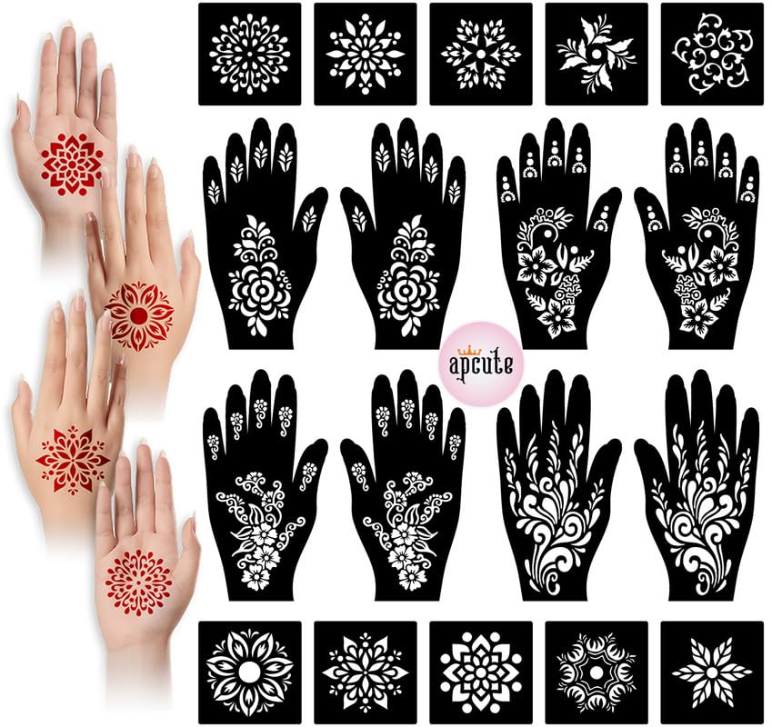 Apcute Temporary Mehndi Tattoo henna stencil for hands Set of 18 pc Combo Pack Mehandi Stencils for Women, Girls And Kids, Easy To Use In Just 4 Steps-image-28
