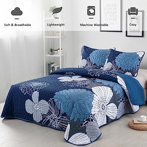 Anibedding ES15AC080380K13U-O Navy Blue Floral Quilts Set California King Size 3 Pieces Reversible Boho Flower Coverlet Bedding Set thumb #1