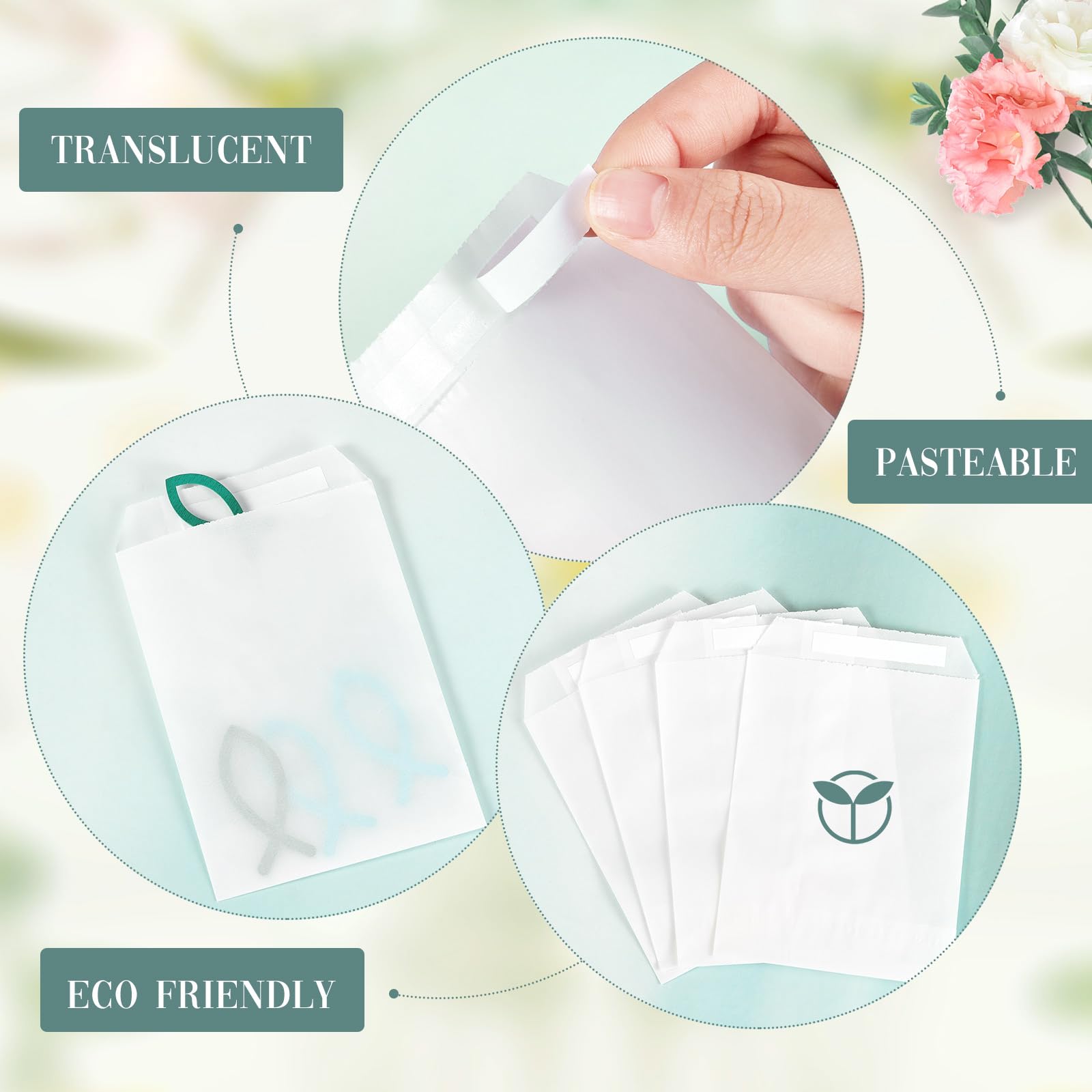 Tenare 100 Pcs Wedding Confetti Bags Set Includes 100 Pcs 3.54 x 5.31 in Glassine Paper Favor Bags Glassine Envelopes and 100 Wedding Confetti Stickers(Green,Stylish Style) - Image 3