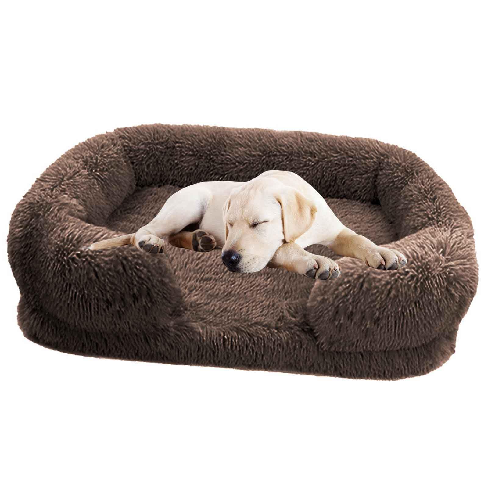 PJDDP Dog Bed with Luxury Fluffy Plush, Waterproof Dog Bed with Non Slip Bottom, Orthopedic Memory Foam Pet Bed, Washable Indestructible Dog Sofa for Small, Medium And Large Pets,light brown,M