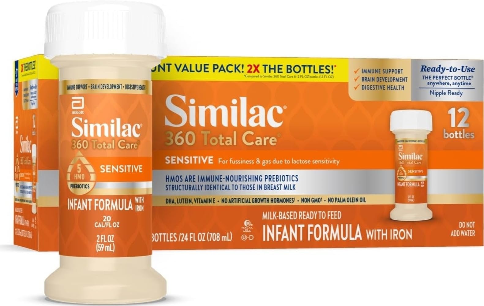 360 Total Care Sensitive Ready-to-Feed Baby Formula | Infant Formula for Babies with Lactose Sensitivity Immune System, Brain Development, Digestive Health Support, 2-fl-oz, 12pk