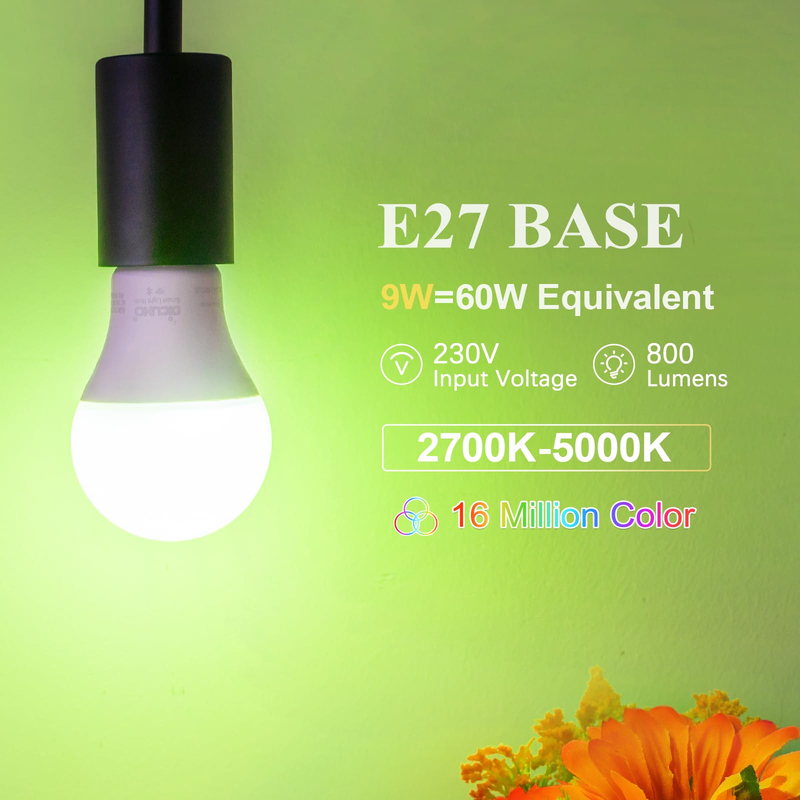 DiCUNO Bombilla conectada led, Bombilla WiFi led inteligente E27 Compatible con Alexa y Google Home, Baioneta 9W regulable Multicolor 2700K-5000K RGBCW, 800LM, Sin Hub Necesario, Lote de 2