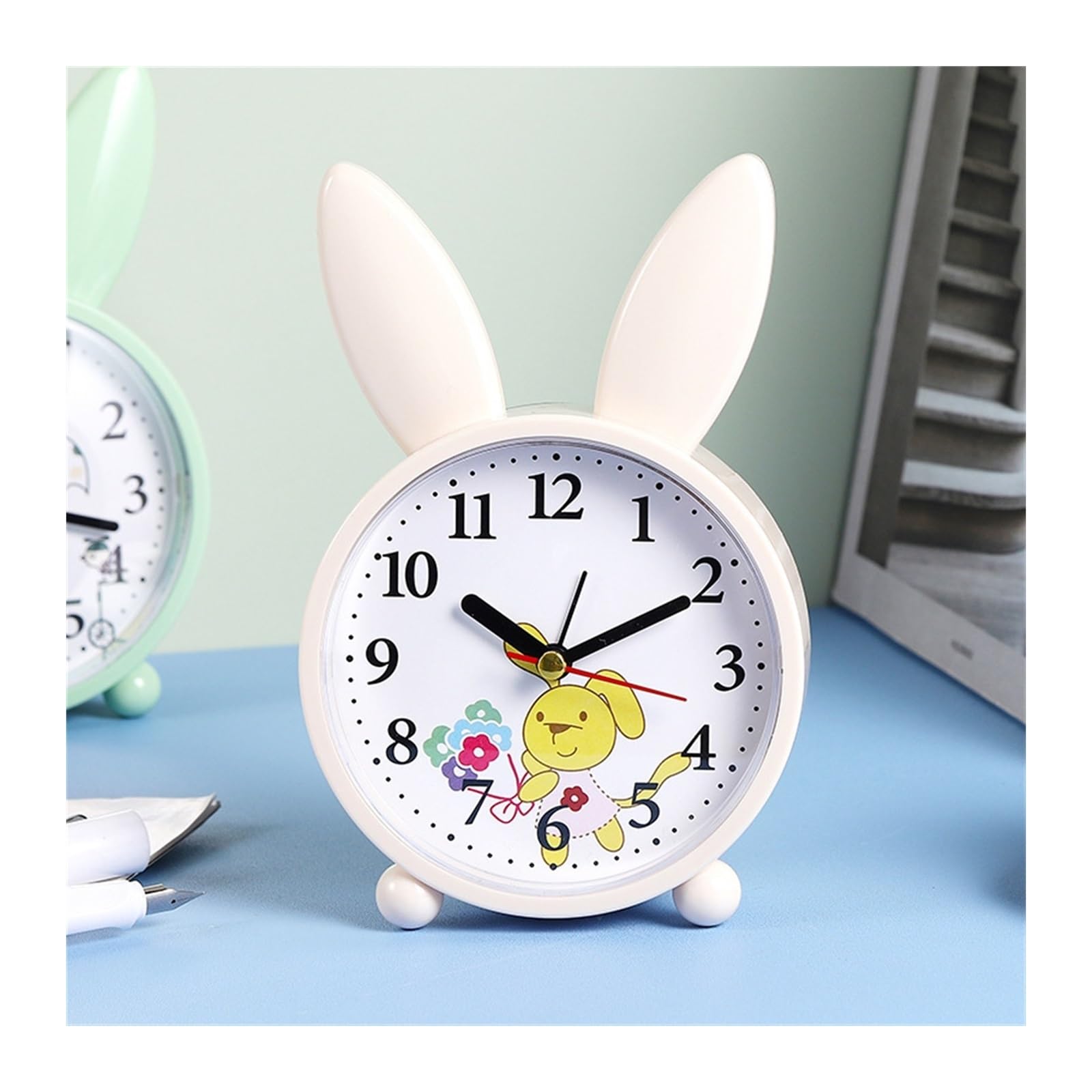 G5z9w3c7m2 Beige Loud Alarm Clocks Cartoon Rabbit Alarm Clock Bedroom Bedside Decoration Simple Mute Small Student(Beige)