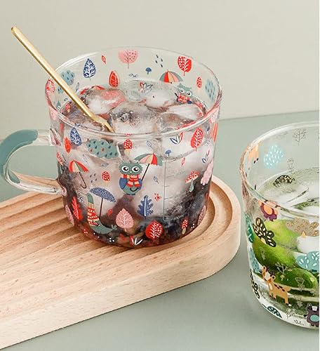 Miniatura 4 de JHTPSLR Taza de vidrio transparente con asas para fiesta del bosque, 17 onzas, bonita, taza de vidrio con osos, zorro, búho, ardilla, alce, hongos,