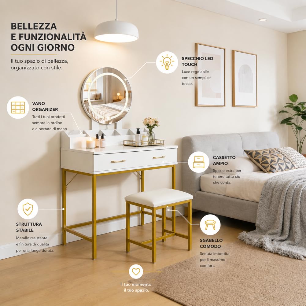 Shally Dogan Toeletta Trucco con Sgabello Bianca Struttura Oro con Specchio LED Touch, Postazione Makeup con Cassetti e Scomparti Ideale per Interni, Casa, Camera da Letto, Cameretta 80 x 45 x 141 cm