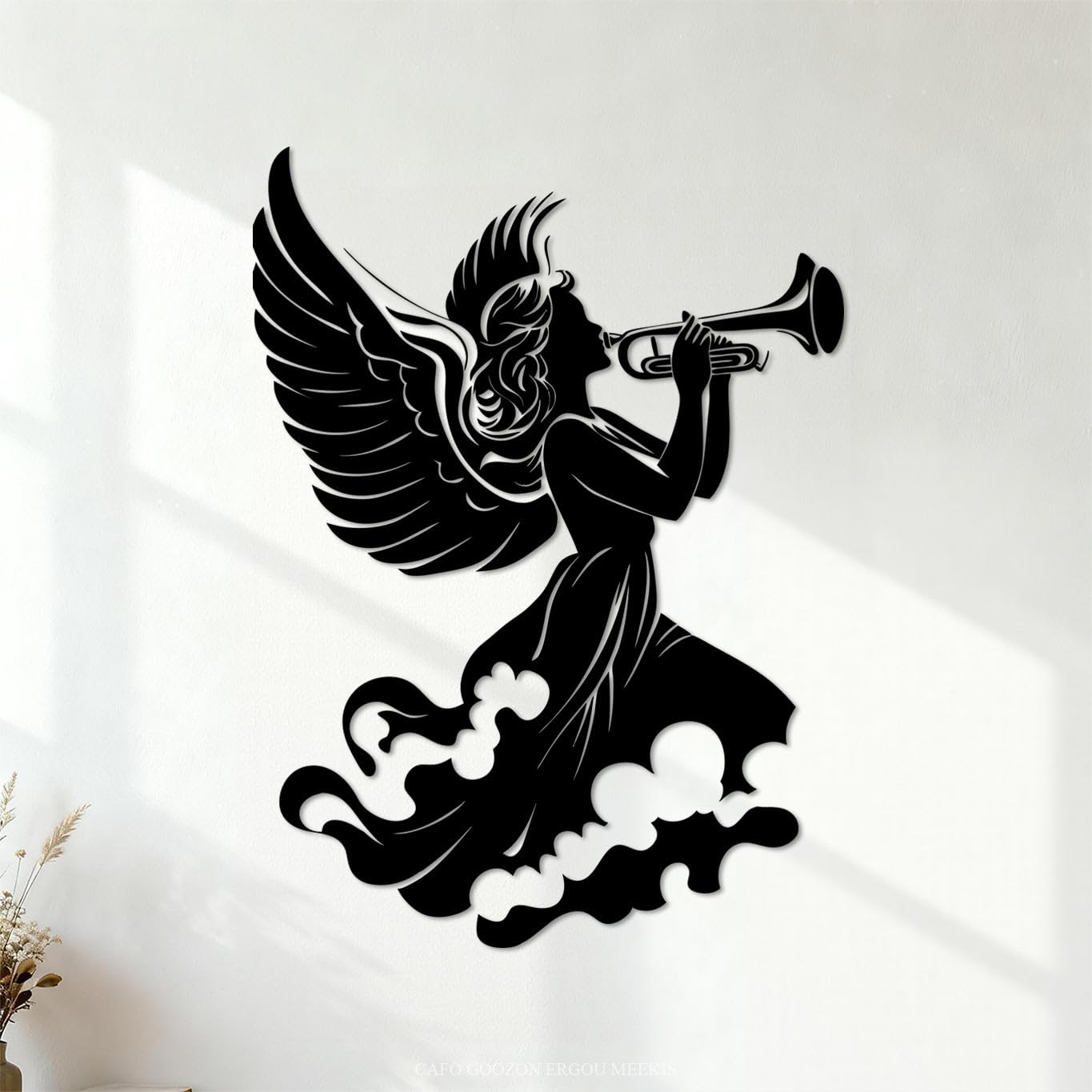 Ergou Stickerdecal-83084 Angel Silhouette Playing Trumpet Engraving Decals 38X51.6cm Easy Installation Black