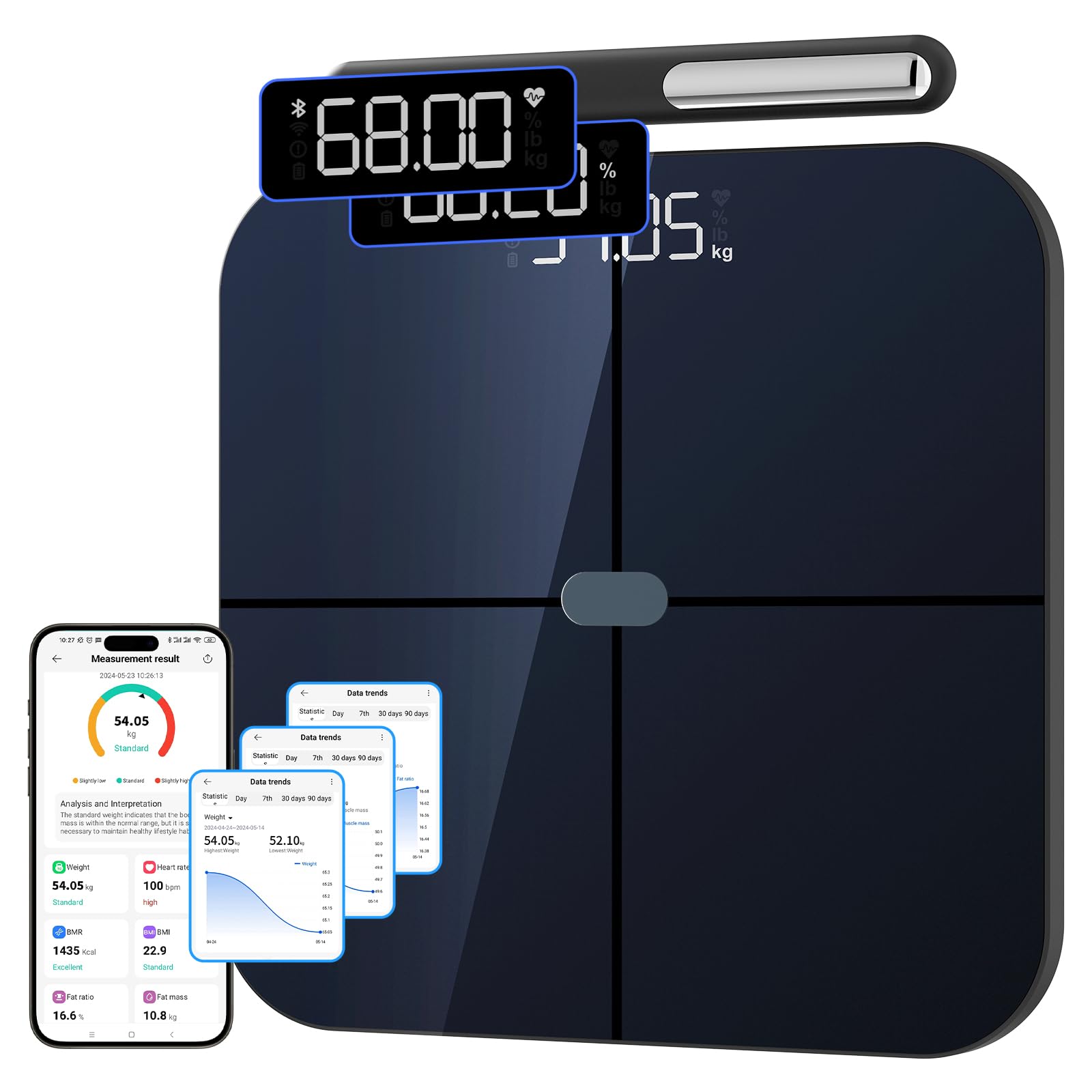Healthkeep - Báscula conectada WIFI y Bluetooth con 8 electrodos de alta precisión, 46 datos corporales para aplicaciones incluidas Andriod e iOS, capacidad 180 kg/400 lb, 30 x 30 cm