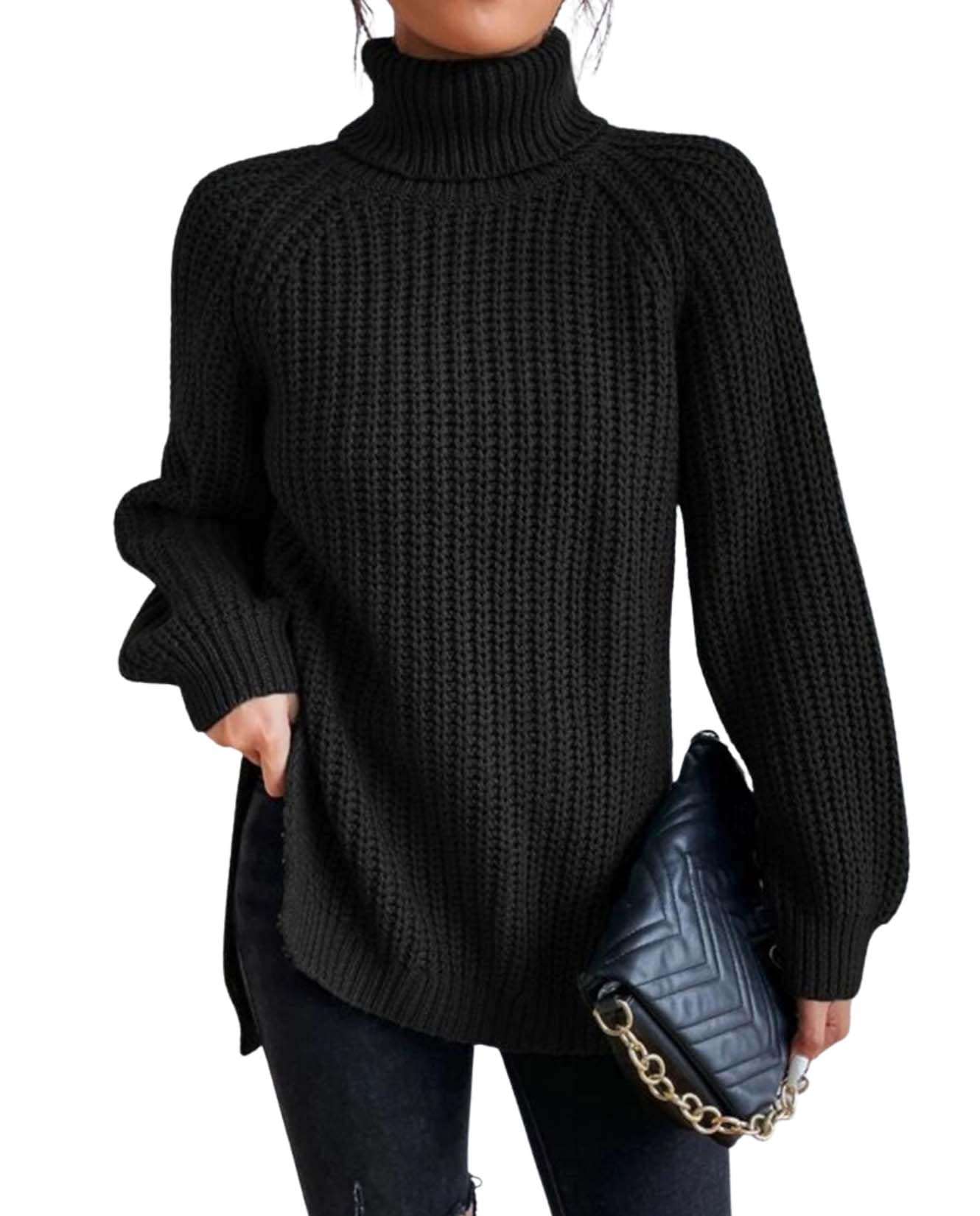 Fashionable High Neck Sweater Womens Slit Hem Long Sleeve Dress Style Knit Sweater Casual Workwear