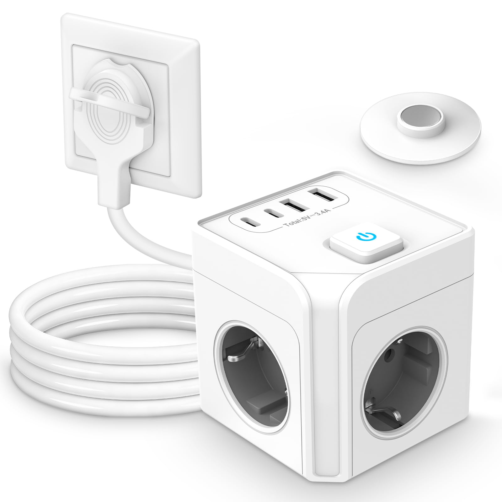 Steckdosenwürfel USB C Steckdosenleiste 3 Fach Mehrfachsteckdose Flachstecker Mehrfachstecker Würfel mit 2 USB-C & 2 USB-A, Magnetischer Cube Steckdose Steckerleiste mit Schalter mit 2M Kabel, Weiß