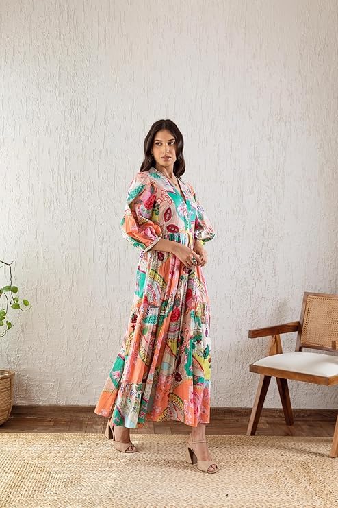 Image of GRECIILOOKS Women Dress | Elegant V Neck Casual Western Dresses | Women's Printed Maxi Dress | Floral Printed Dress for Womens | Trendy Vacation, Party & Beach Outfit
