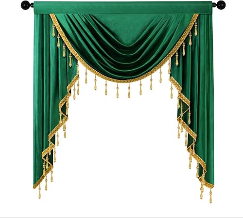 Miniatura 9 de ELKCA Cenefas de cortina de terciopelo verde oscuro de lujo para sala de estar con cuentas (39 pulgadas, 1 panel)