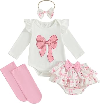 Newborn Baby Girl Clothes Bow Embroidered Long Sleeve Romper Bodysuit Ruffled Shorts Set Cute Fall Winter Outfits