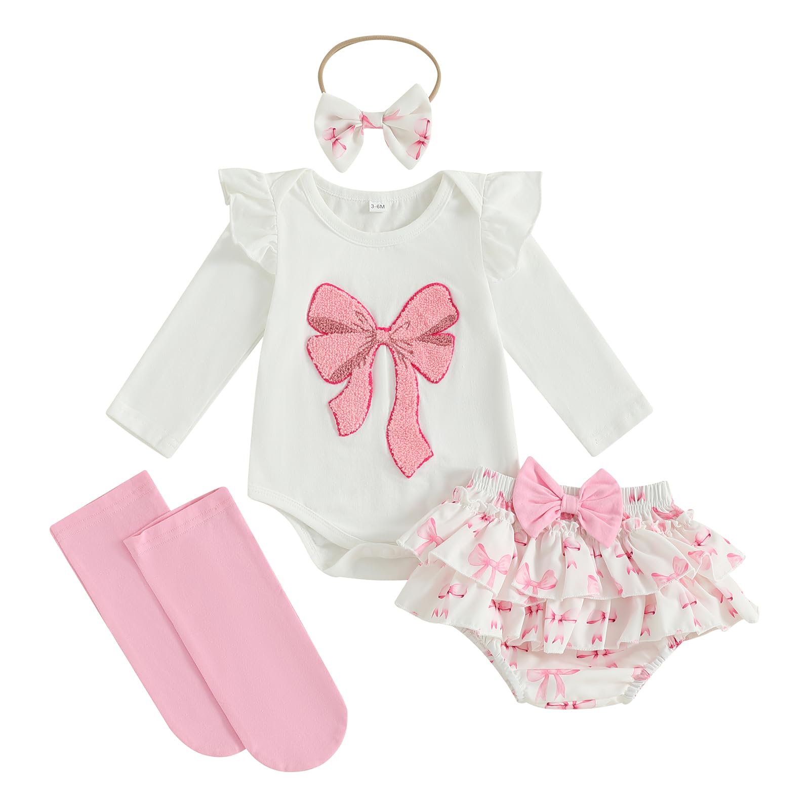 Dobeiokal Newborn Baby Girl Clothes Bow Embroidered Long Sleeve Romper Bodysuit Ruffled Shorts Set Cute Baby Fall Winter Clothes(A-Pink Bow,12-18 Months)