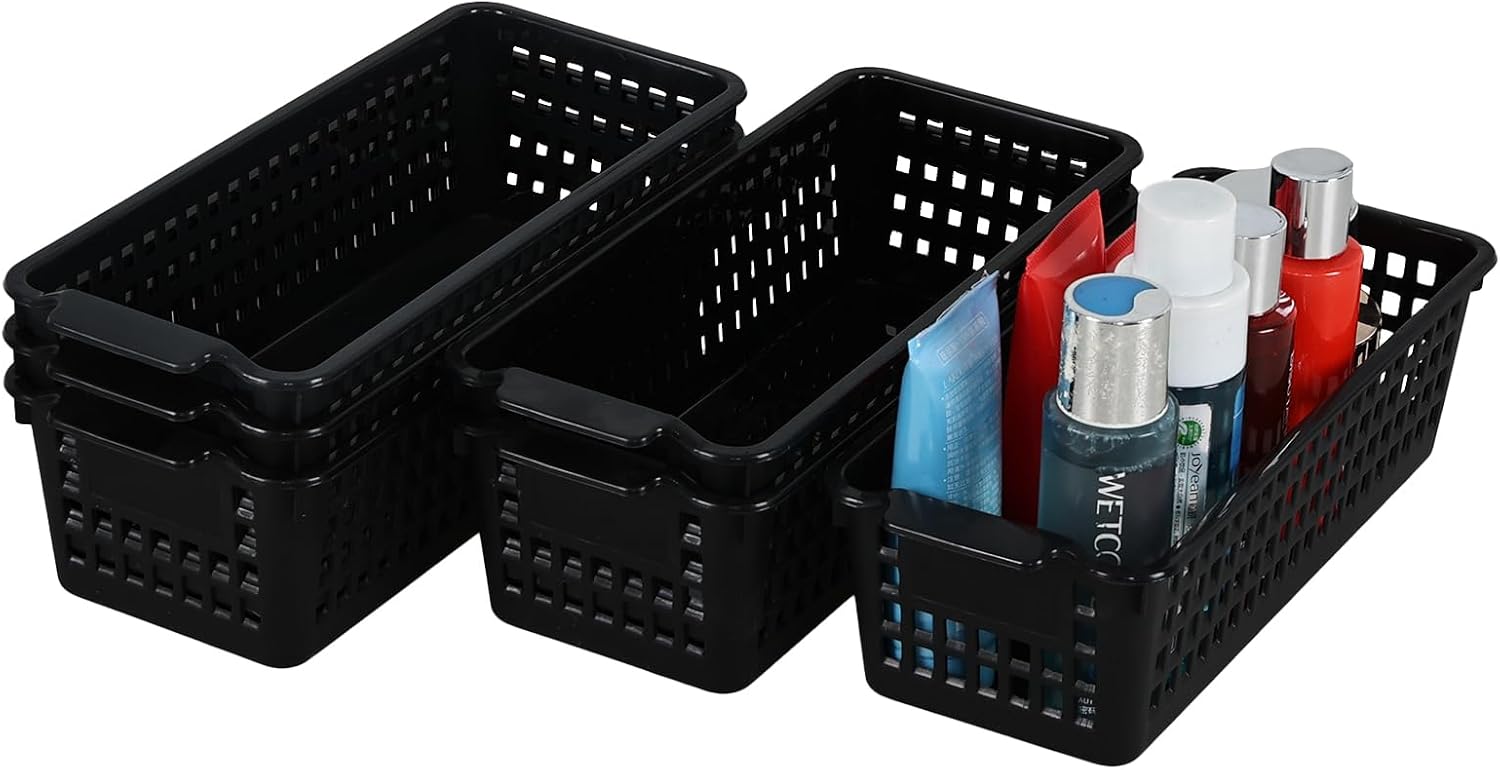 Set of 6 Slim Organizer Basket for Shelves, Desktop, Black | Narrow Plastic Storage Baskets
