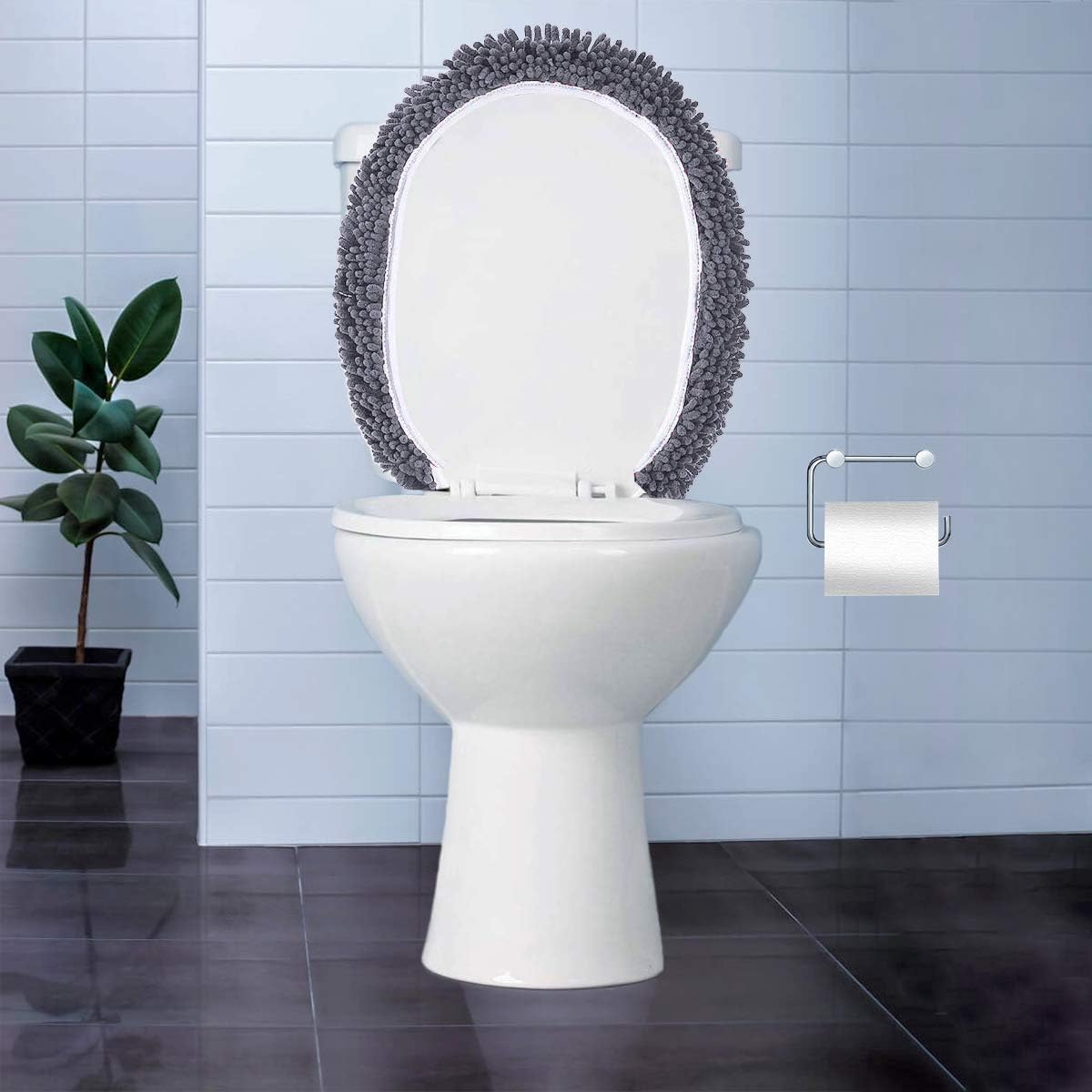 LuxUrux Toilet Lid Cover, Extra-Soft Plush Seat Washable Shaggy Microfiber Standard Toilet Lid Covers for Bathroom Machine Wash & Dry. (18 x 21 inches, Dark Grey)