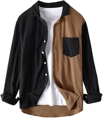 Mens Casual Long Sleeve Button Down Patchwork Corduroy Shirt Jacket