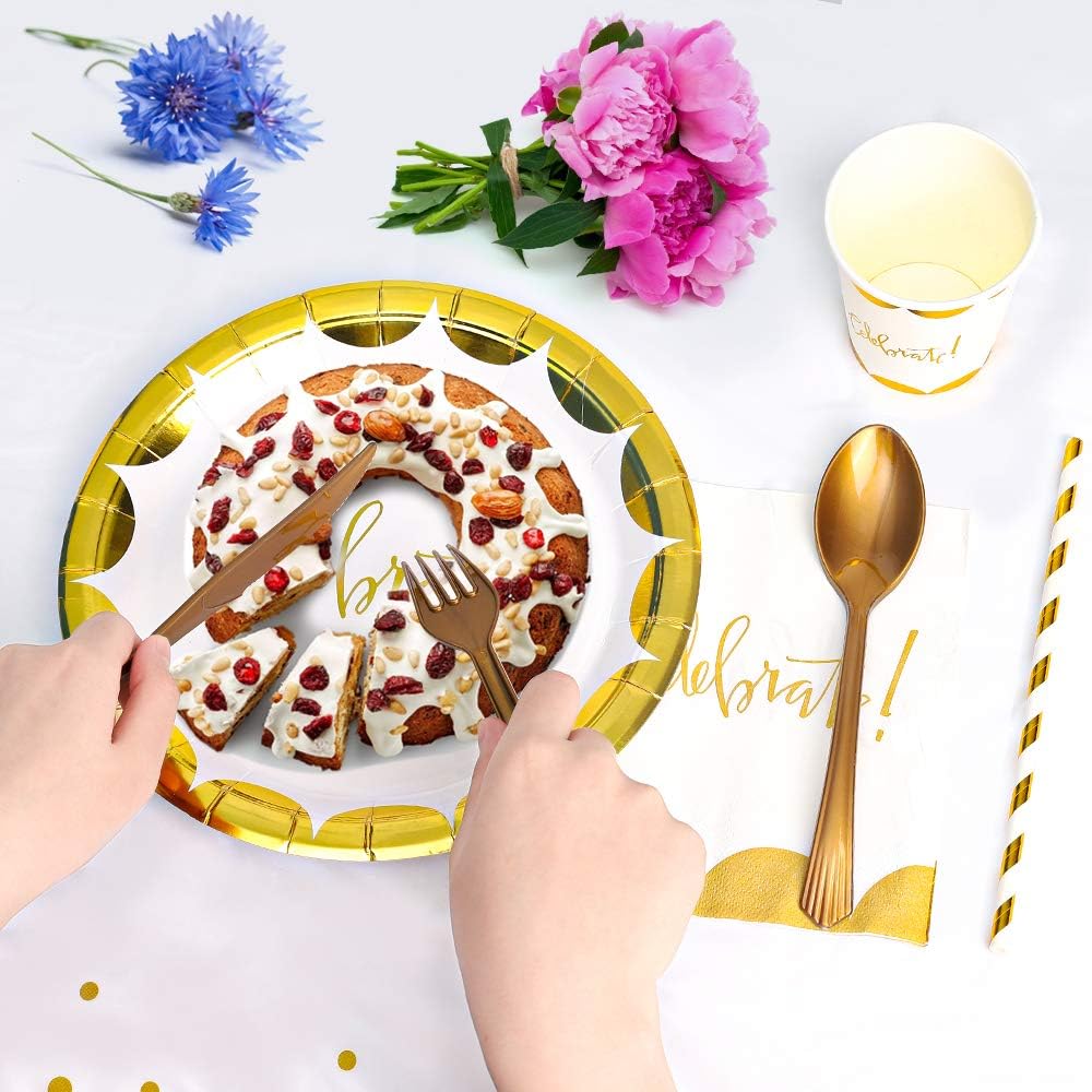 Best Quality 🔥 White and Gold Party Supplies Set - 194 PCS Gold Paper Plates- 7” & 9” Disposable Dinnerware Set Dots Wedding Parties, Graduation,Birthday Best Deal Cheap 🛒 White and Gold Party Supplies Set - 194 PCS Gold Paper Plates- 7” & 9” Disposable Dinnerware Set Dots Wedding Parties, Graduation,Birthday