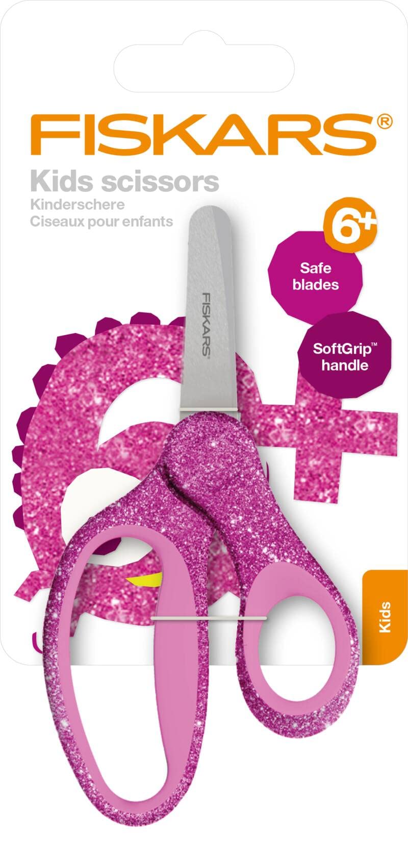 Fiskars Forbici per bambini, A partire da 6 anni, Lunghezza 13 cm, Per destrimani e mancini, Lame in metallo/Impugnature in plastica, Rosa, Glitter, 1064074