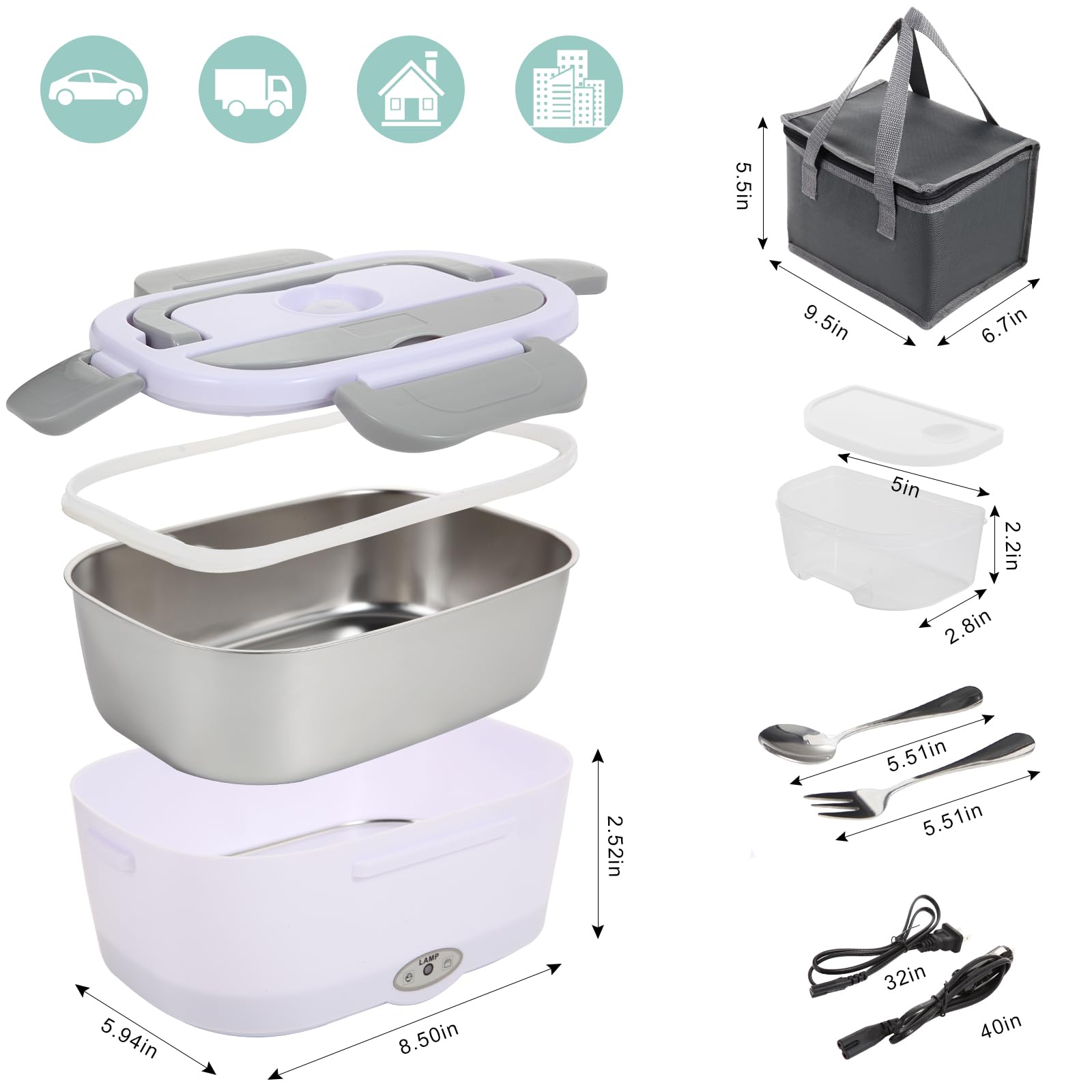 SOHIDA Fiambrera eléctrica para alimentos, color blanco | 80 W, 12 V, 24 V, 110 V, portátil para el trabajo de coche, camión, contenedor extraíble de acero inoxidable 304
