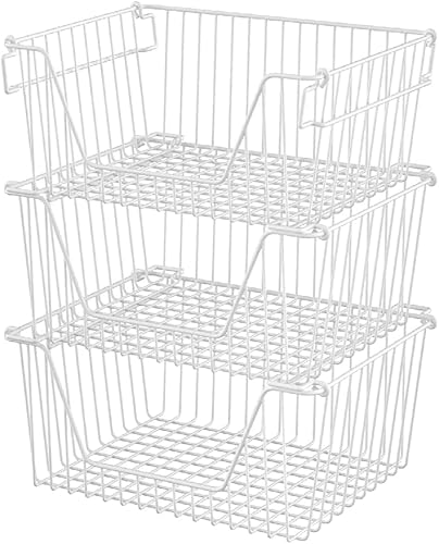 SANNO Large Stackable Wire Baskets Stacking Bins for Vegetable Storage Pantry, Fridge, and Bathroom Organization,3 pack, White