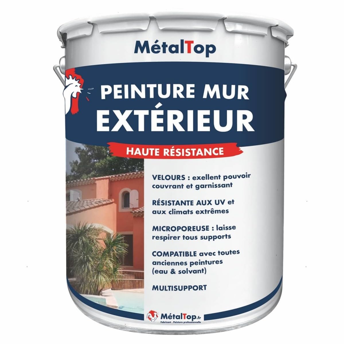 Metaltop - Peinture Mur Exterieur - Blanc pur - RAL 9010-1 L - Peinture microporeuse, application sur crépi, béton, brique pour une protection jusqu'à 10 ans