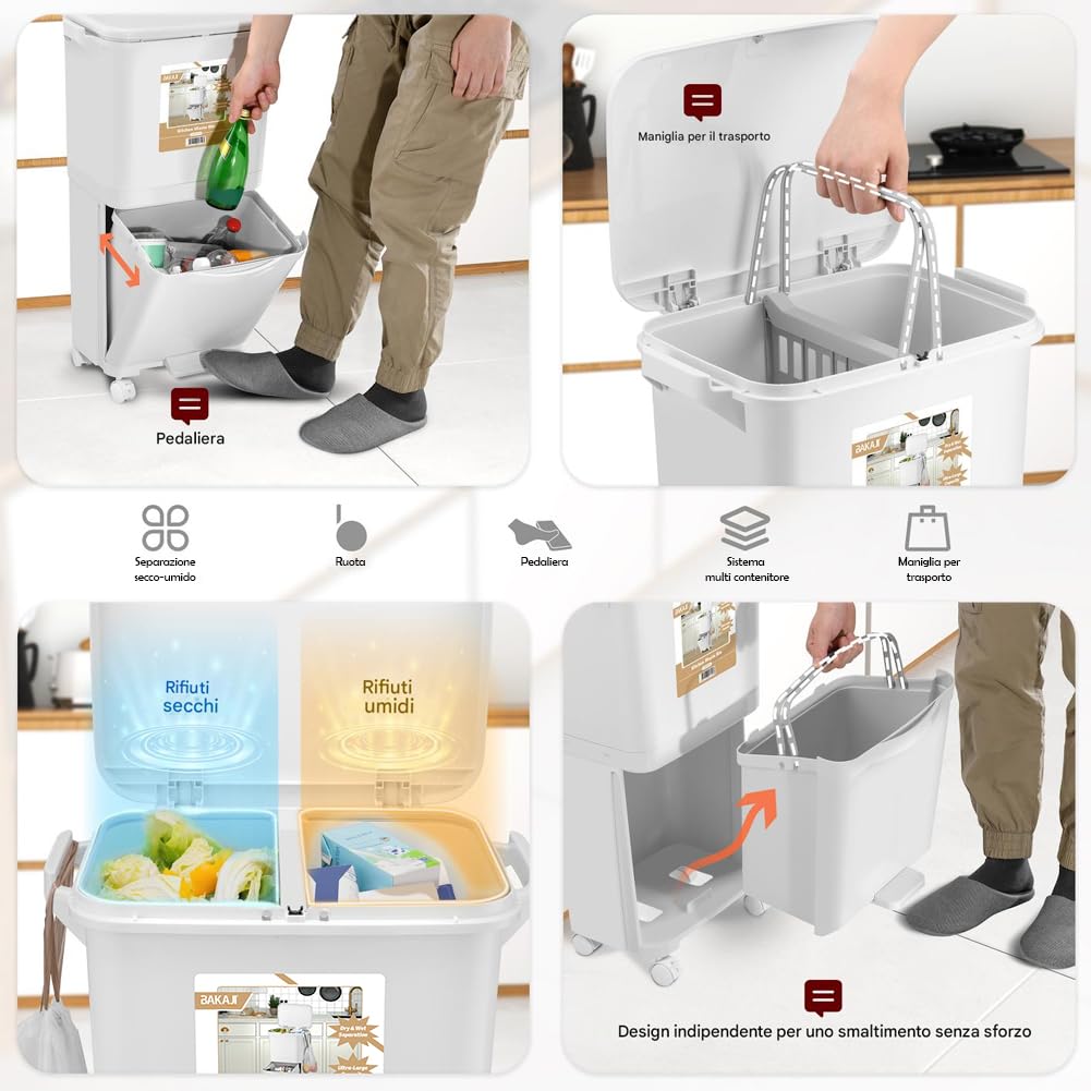 BAKAJI Cubo de basura de cocina con capacidad de 38 litros, doble cubo que ahorra espacio para separación de basura, basura para recogida diferenciada, 1 cajón abatible, 42 x 28,5 x 73 cm (38 litros)