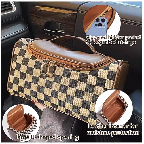 Vintage Makeup Bag for Women Portable Retro Checkered Pattern Cosmetic Organizer Patchwork Style Pillow Storage Pouch Skincare Storage Bag Large Capacity Elegant Handheld Waterproof Handbag (Brown)2