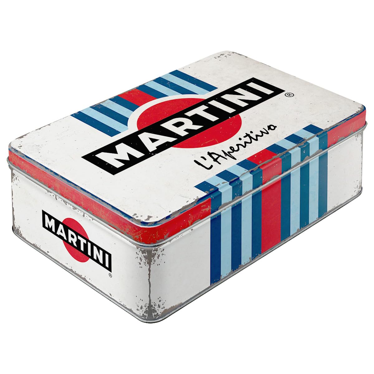 Nostalgic-Art Contenitori in latta retrò piatti, 2,5 l, Martini – L'Aperitivo Racing Stripes – Idee regalo accessori da bar, Official License Product (OLP), scatola con coperchio, design vintage