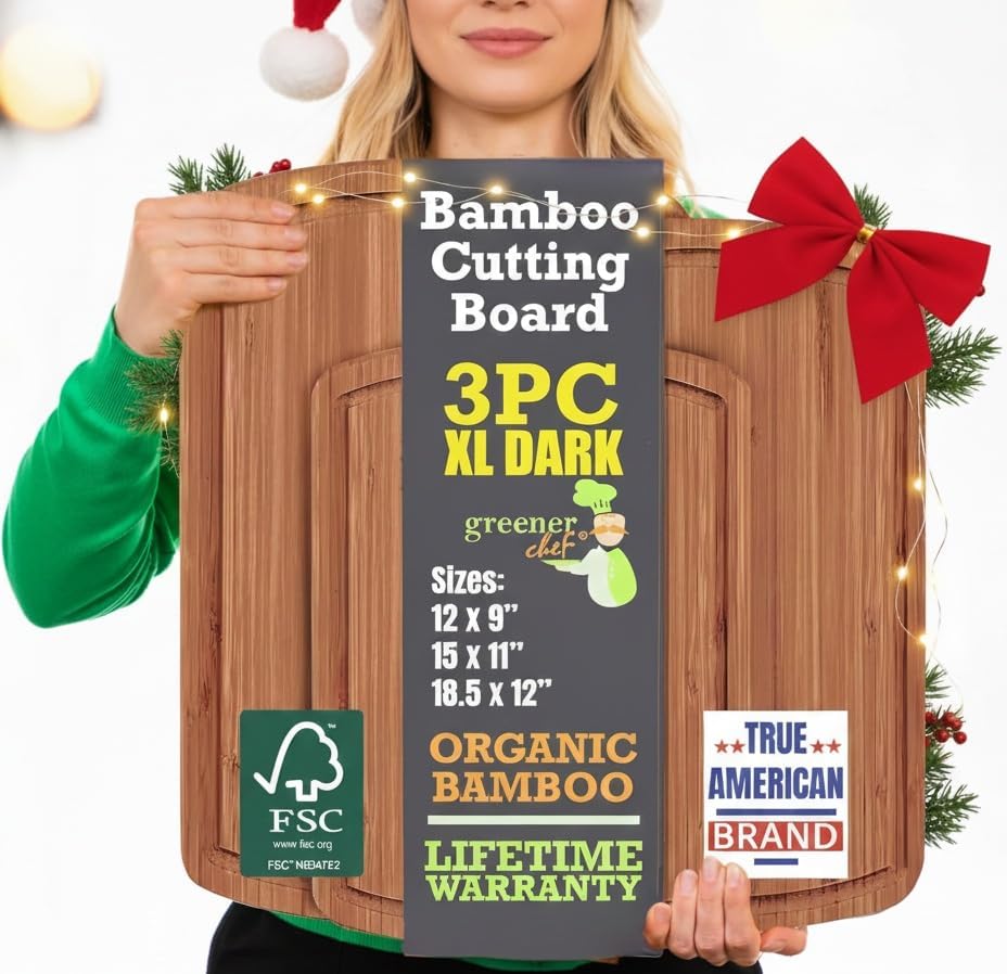 Organic Bamboo Cutting Board Set - 3pc with lifetime replacements