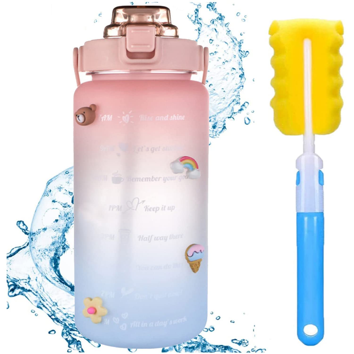 Beauenty 2L Water Bottle with Straw, Time Mark and 3D Sticker, Leak Proof Kettle BPA Free, Large Capacity Water Jug Ensures That You Drink Enough Water All Day for Fitness and Outdoor Sports (Pink)