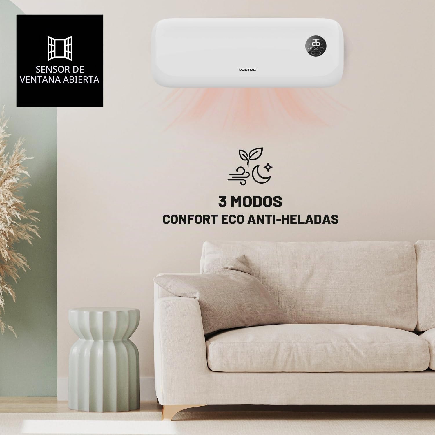 Taurus – Calefactor de Pared RCMB 22 | 2000W | 3 modos | 2 Niveles Temp | Display digital | Control remoto | Protección Sobrecalentamiento | Temporizador 9h | Para estancias de 20 m²