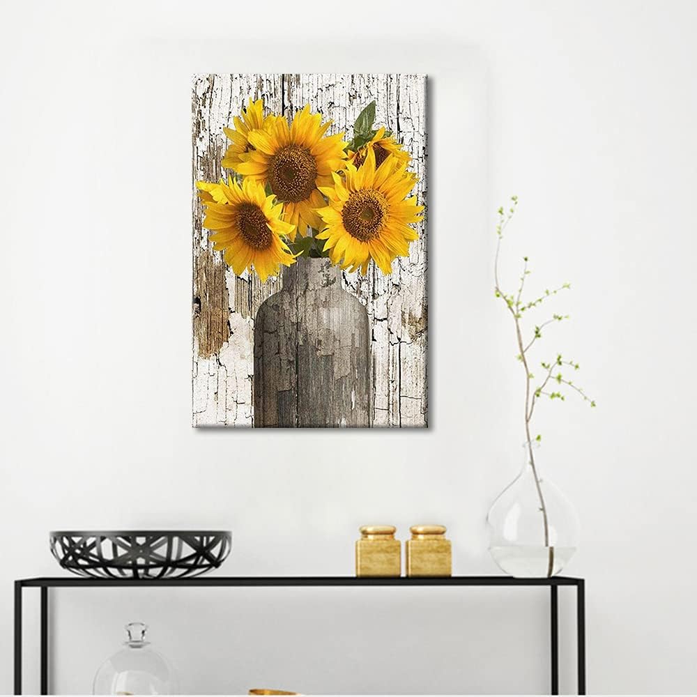 TISHIRON Rustic Yellow Sunflower in Vase Farmhouse Cottage Countryside 18"x12" Canvas Wall Art Prints Framed Picture Photo Painting Home Decor Ready to Hang - Image 4