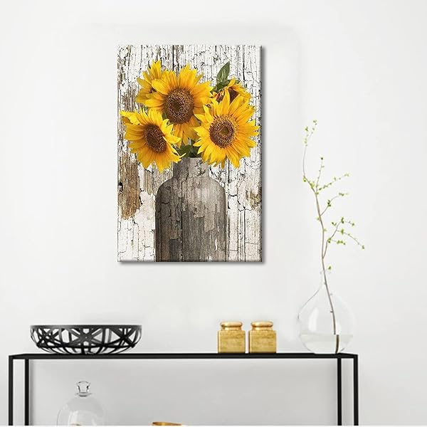 TISHIRON Rustic Yellow Sunflower in Vase Farmhouse Cottage Countryside 18"x12" Canvas Wall Art Prints Framed Picture Photo Painting Home Decor Ready to Hang - 3