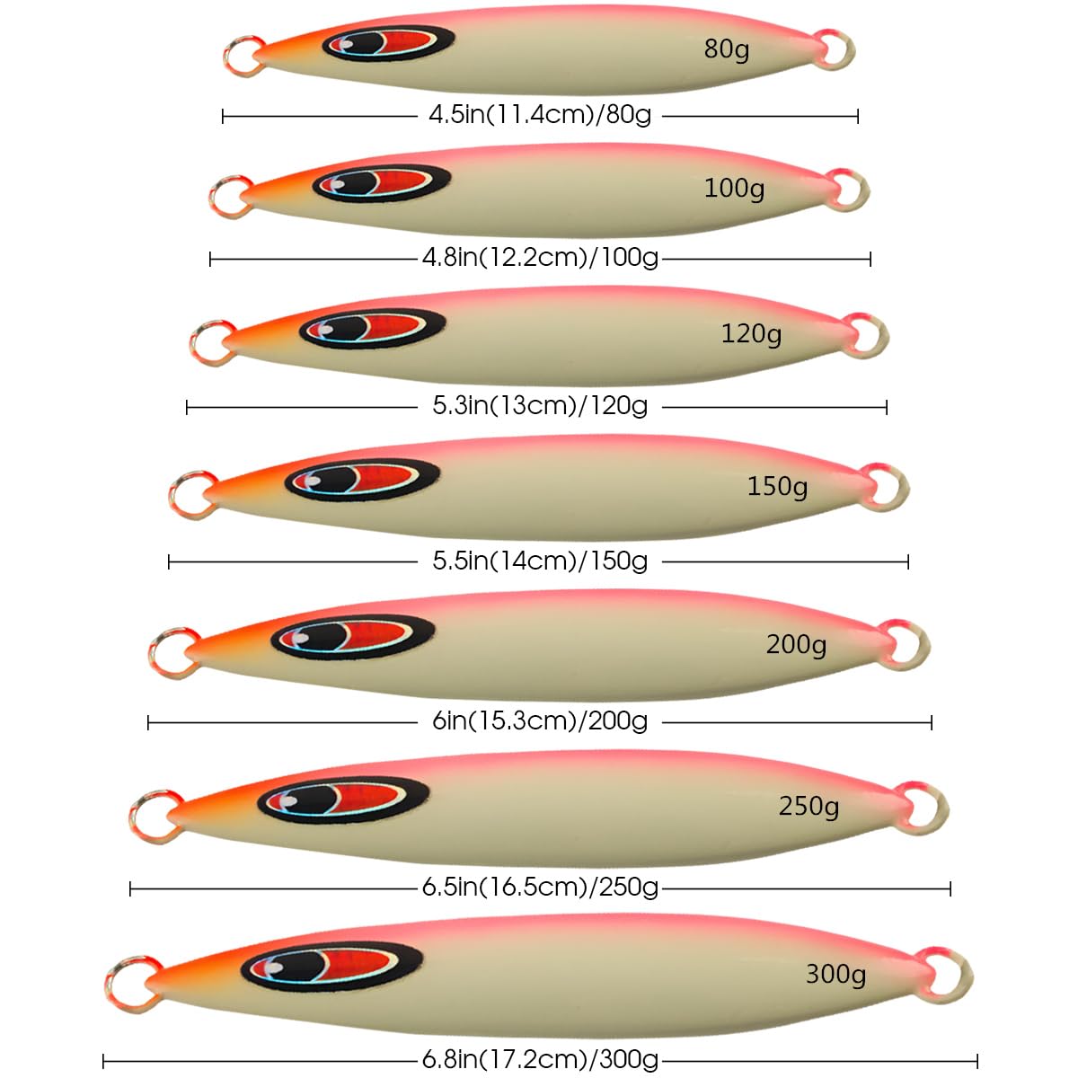 Leurres de Pêche en Haute Mer Coulants, WASAGA 80g/100g/120g/150g/200g/250g/300g Appât à Poisson Spinner Parfait pour Le Poisson Ruban et Le Thon Saumon Mérou Morue et Leurre Jigging