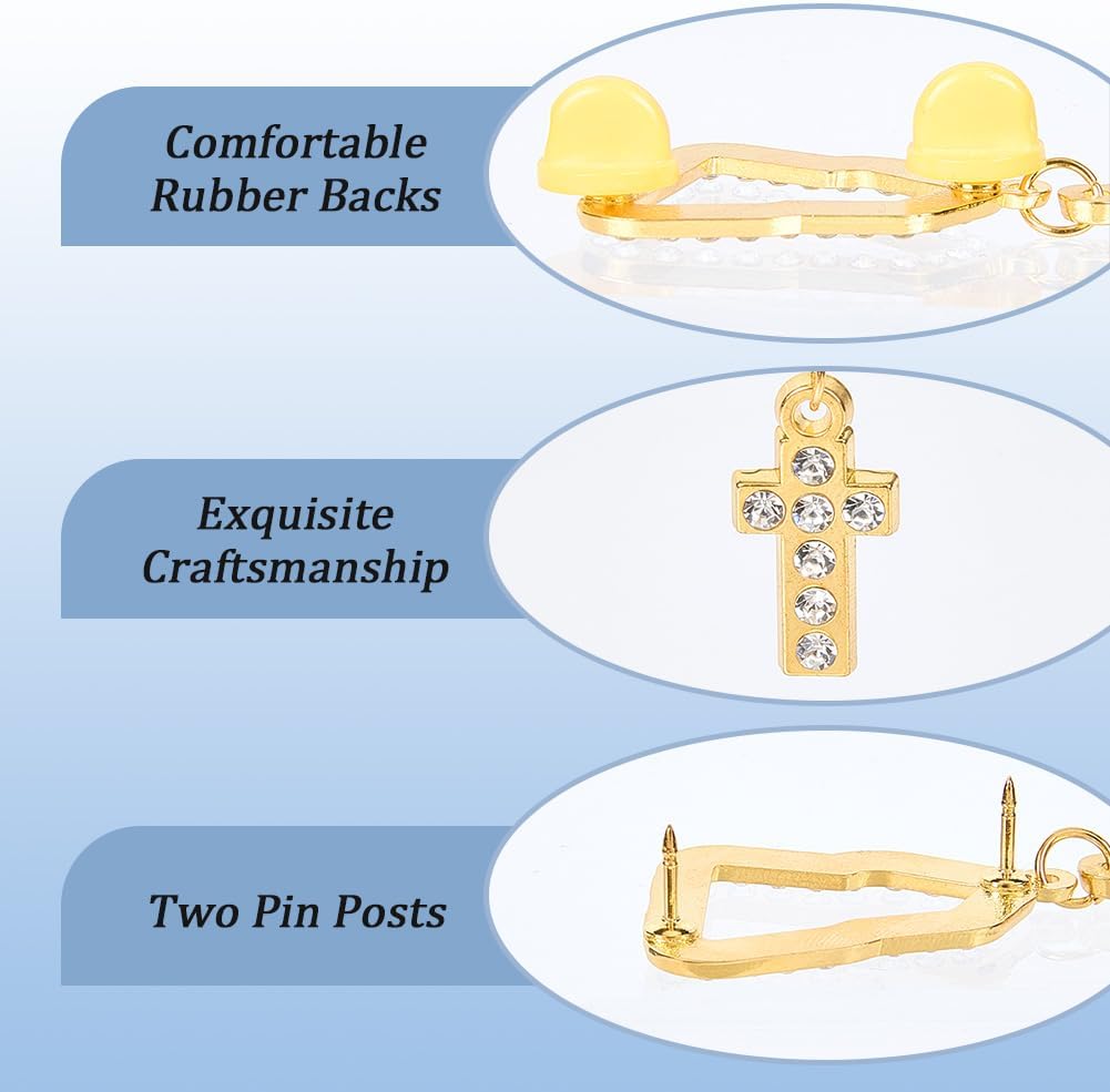 GORGECRAFT 2Pcs 2 Styles Gold Cross Hat Pins Metal Enamel Hanging Tassel Chain Decoration Rhinestone Buckle Lapel Pin Collar Tie Brooches Clips for Shirt Coat Hats Women Men Accessories