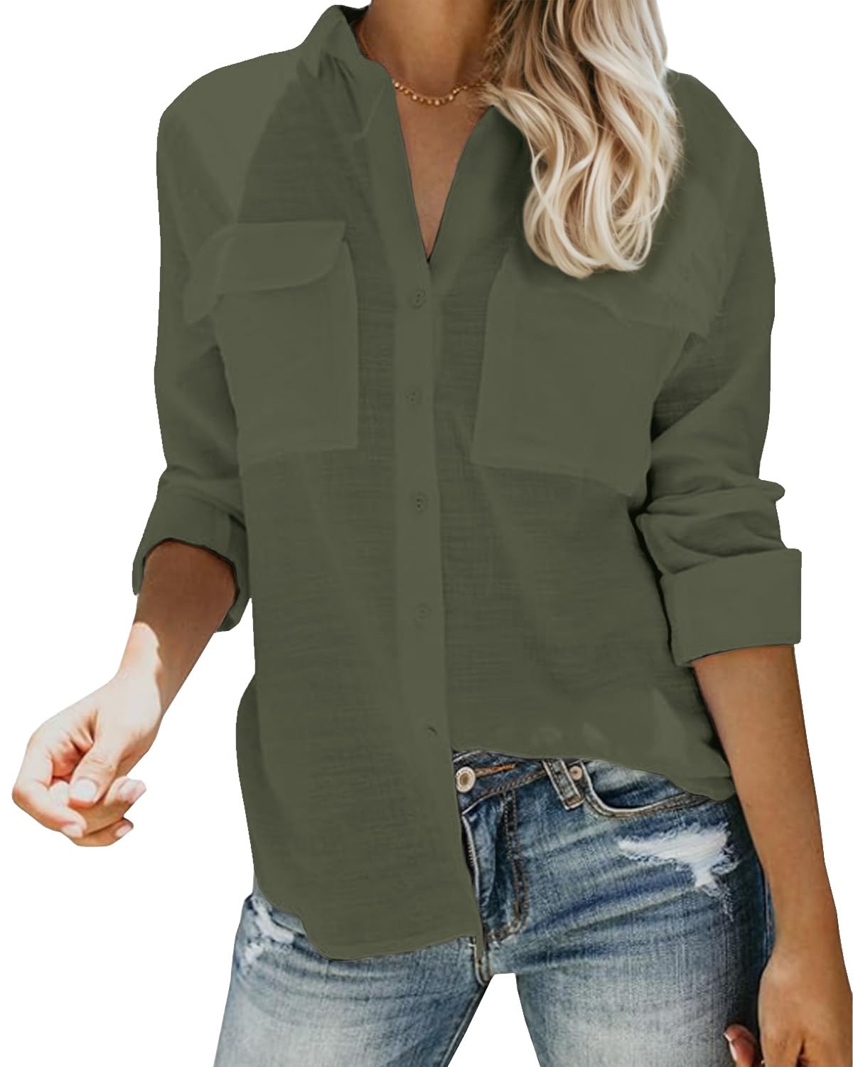 Friptspyg Chemisier en Mousseline Chemises à Manches Longues Pour Femmes Chemises à col en V 100% Coton Tops Avec Deux Poches