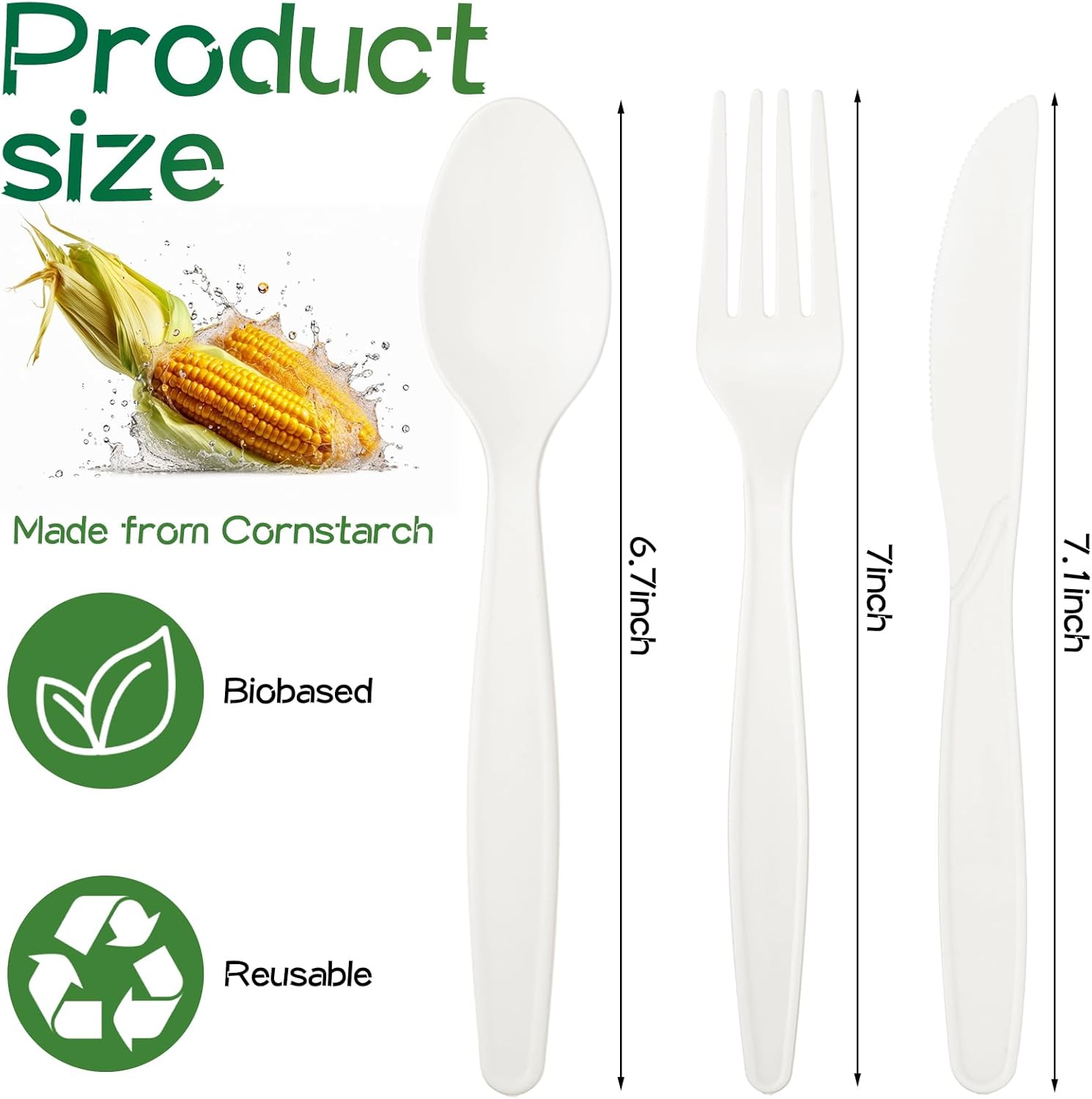 Honeydak Pre Rolled Napkin Cutlery Set 100% Compostable Utensils (200pcs, 50set) 7" Large Disposable Utensils Wrapped Forks Knives Spoons Napkins Cornstarch Silverware Cutlery for Party (White)