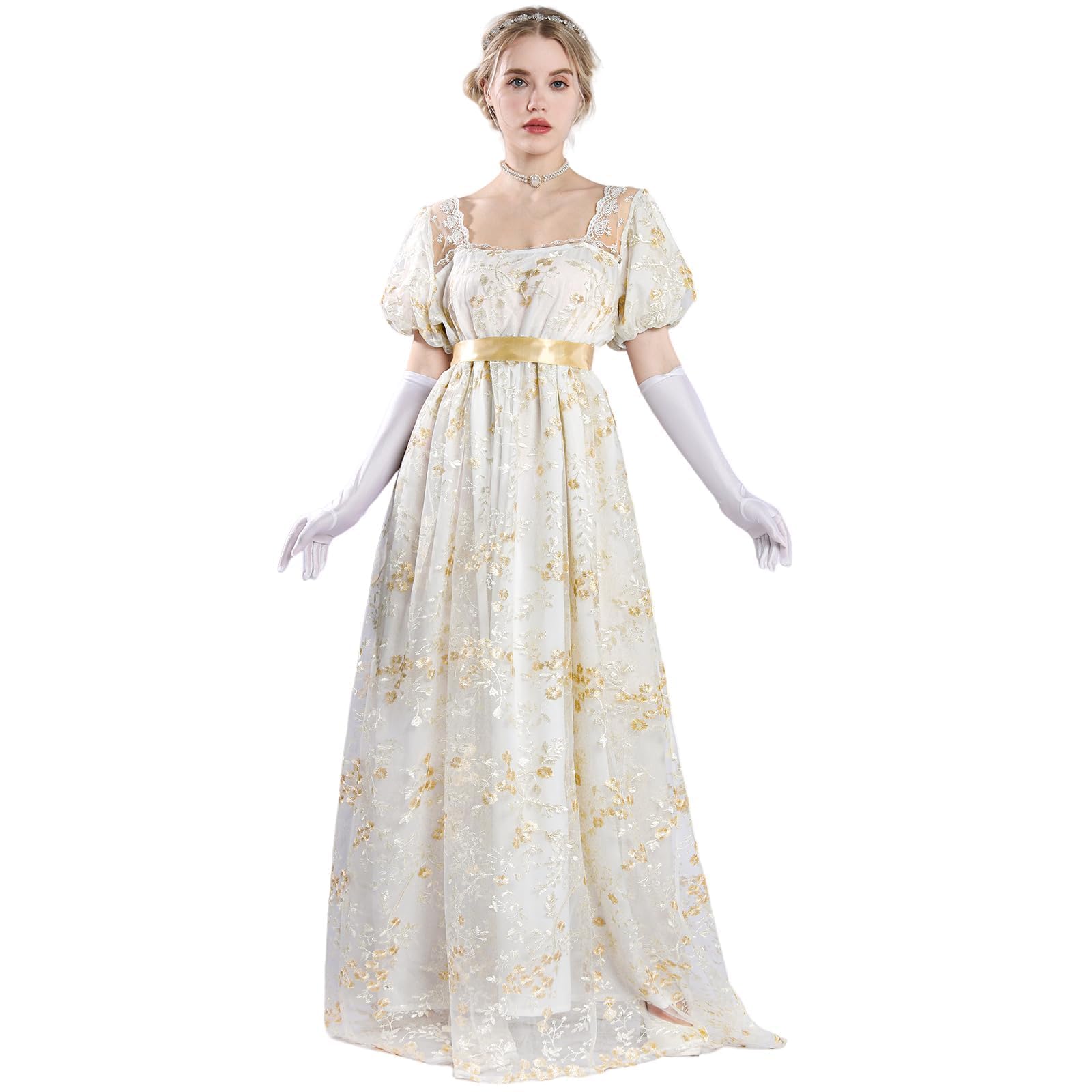 LTAKK Vestidos Regency para mujer, mangas abombadas con faja, vestido largo floral, cintura imperio, vestido renacentista, elegante, maxi para bodas, galas, vestidos de fiesta de té para mujer