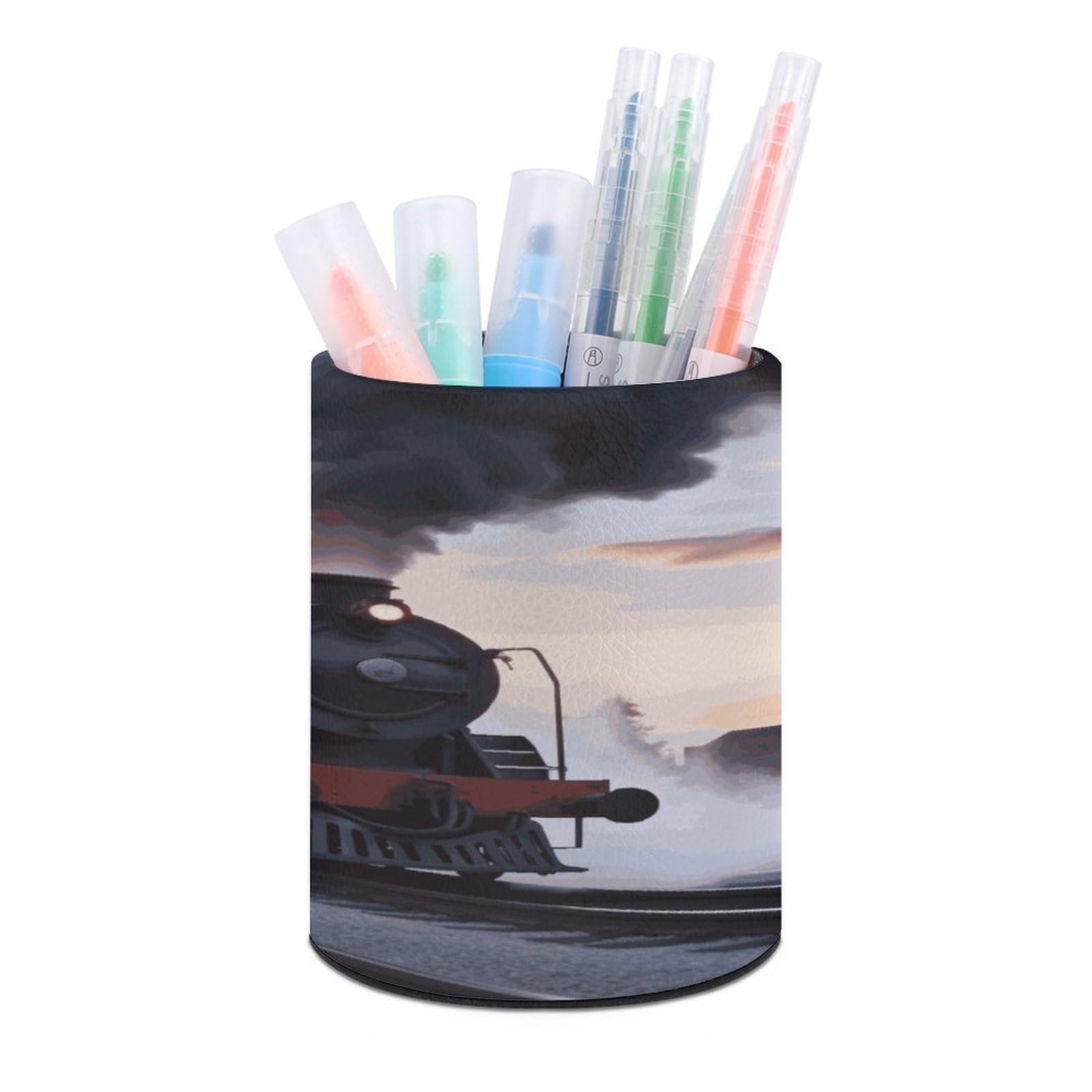 LDGSUPH Steam Train Depart Sunset Round Pen Holder Leather Pen Cup Pencil Cup Pen Organizer Pencil Holder for Desk Organizer Pencil Organizers Makeup Brush Holders for Home Office Gift