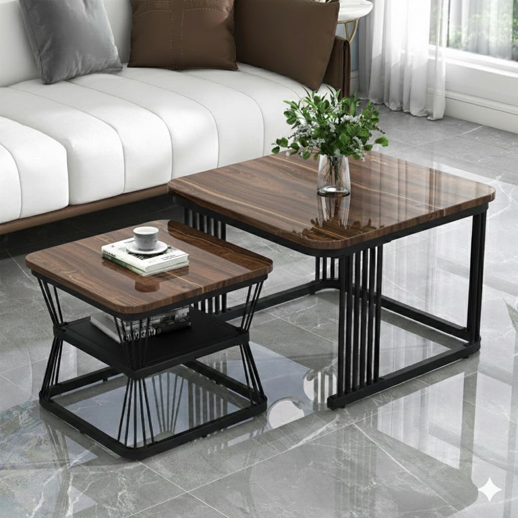 Coffee Table Set of 2, Modern Marble Finish Top with Gold Metal Frame, Stackable Center Tables for Living Room, Small Space Cocktail Tables for Apartment & Office (Black & Walnut)-image-17