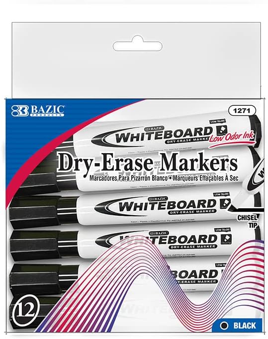 BAZIC Dry Erase Markers, Black, Chisel Tip – Low Odor, Triangle Barrel, 3-Pack For Whiteboards, Glass
