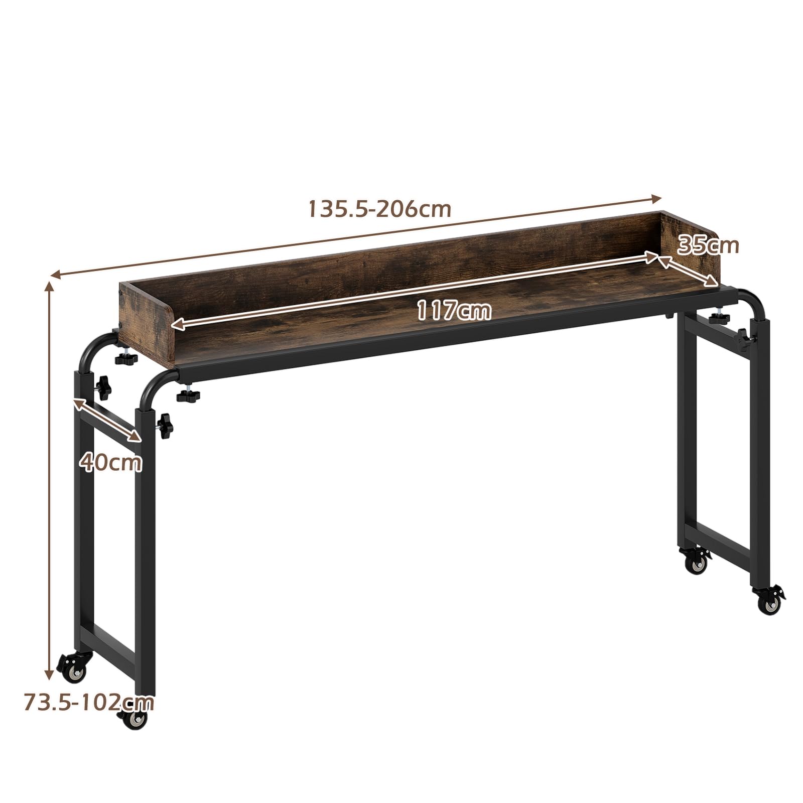 GYMAX Mesa de Cama Rodante Ajustable, Escritorio Móvil Versátil de 117 X 35 CM, Altura y Anchura Modificables, Compatible con Varias Camas, Diseño Industrial Moderno, para Hogar, Oficina, Hospital
