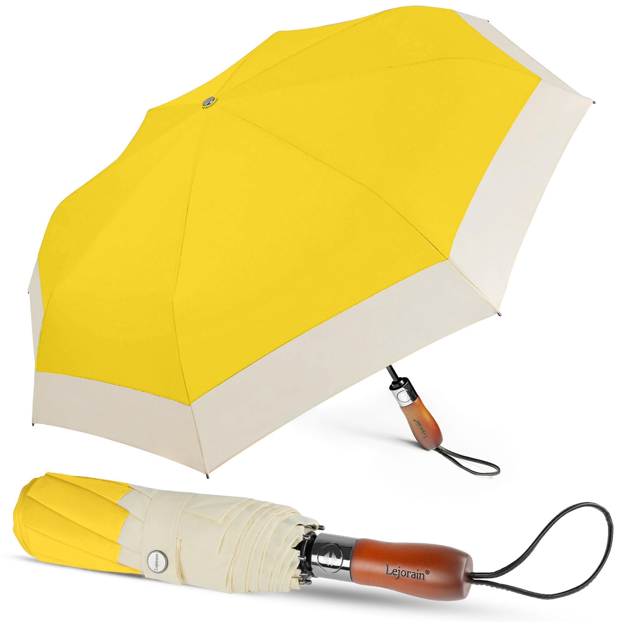 Lejorain Grand parapluie de golf coupe-vent – Parapluie de voyage pliable jaune arc de 137,2 cm compact solide ouverture et fermeture automatique parapluie pour vent et pluie